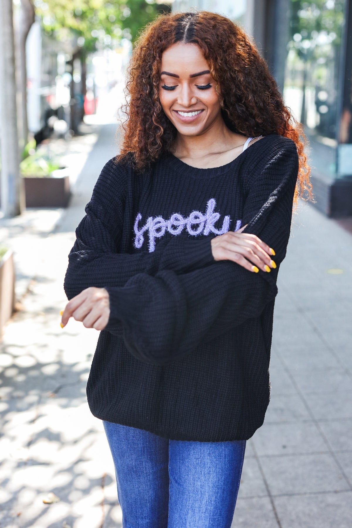 Black Embroidered "Spooky" Chunky Sweater