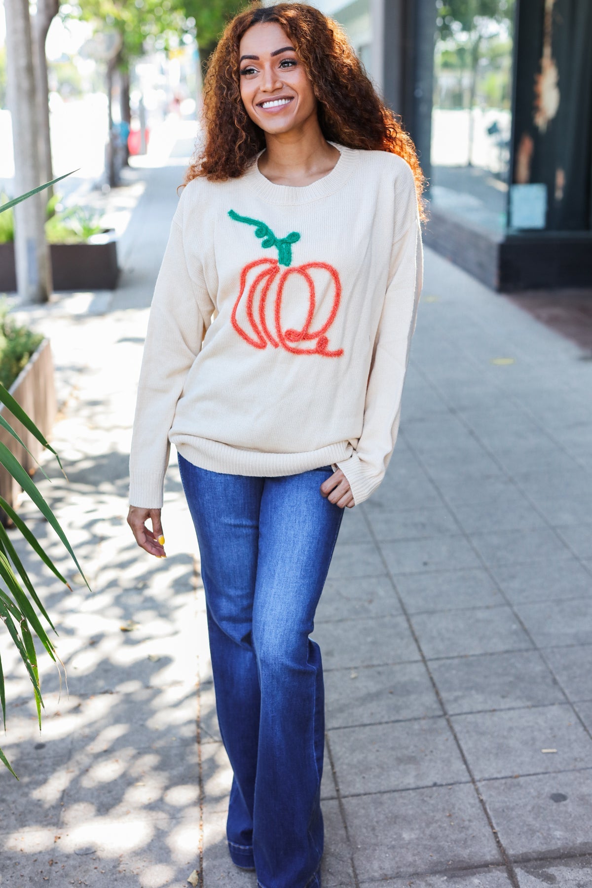 Pumpkin Embroidered Oversized Sweater - Taupe