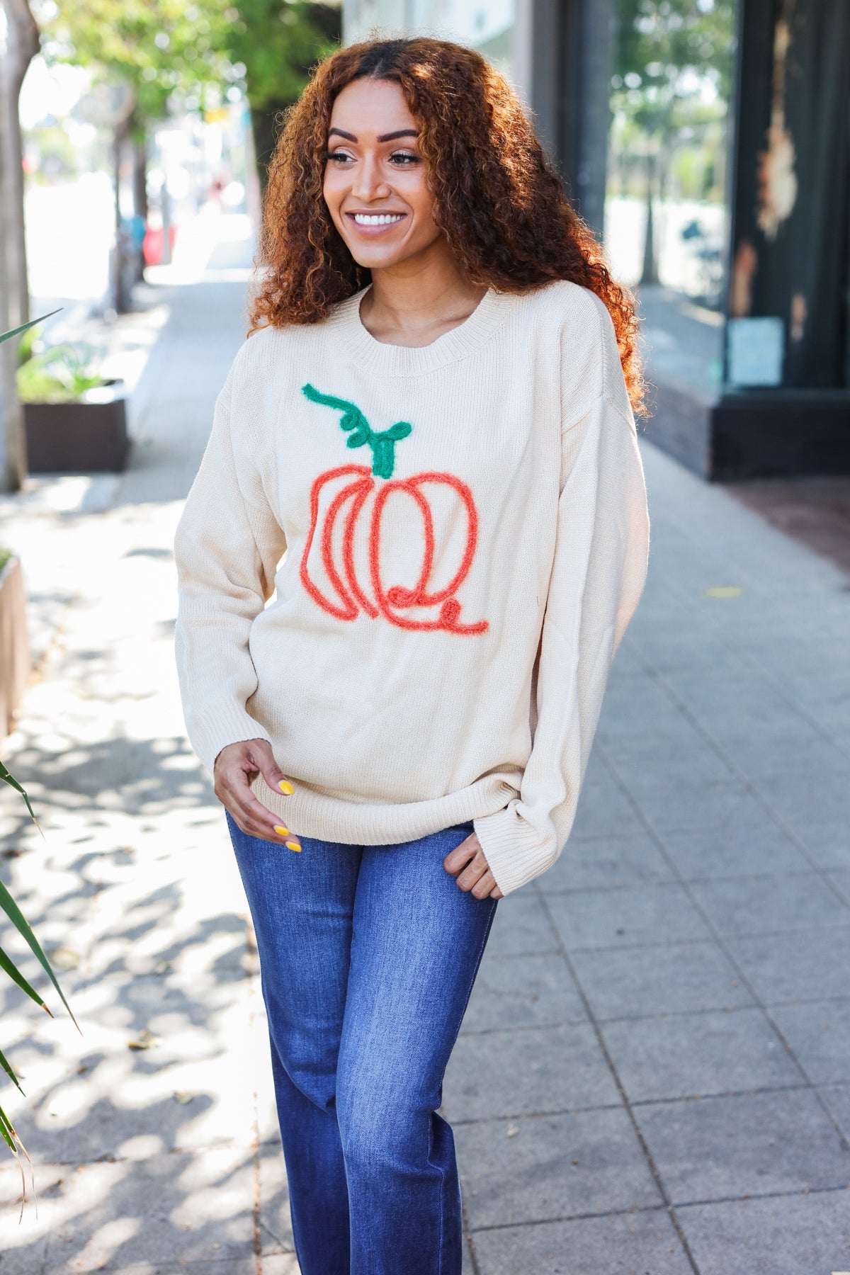 Pumpkin Embroidered Oversized Sweater - Taupe