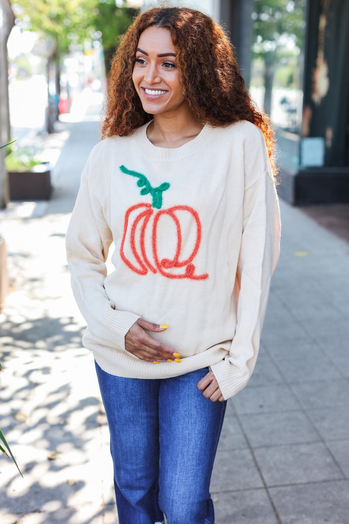 Pumpkin Embroidered Oversized Sweater - Taupe