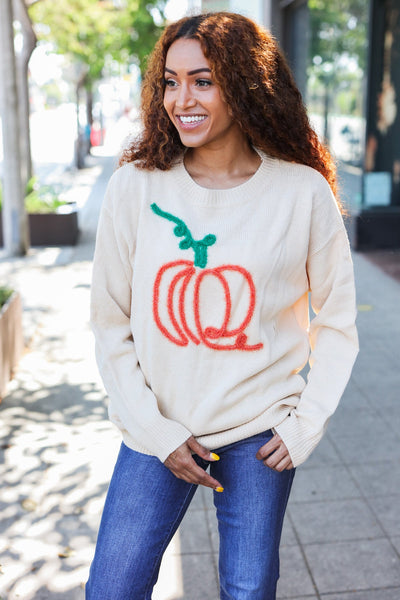 Pumpkin Embroidered Oversized Sweater - Taupe