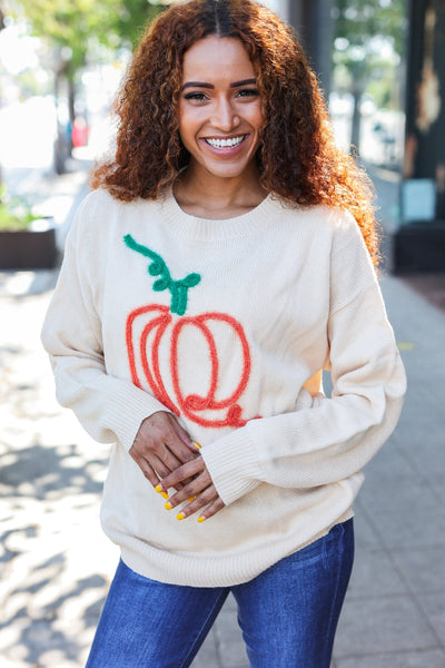 Pumpkin Embroidered Oversized Sweater - Taupe