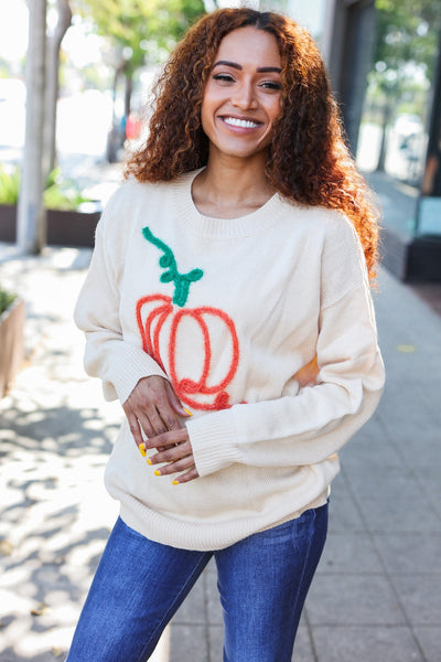 Pumpkin Embroidered Oversized Sweater - Taupe