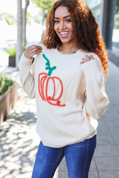 Pumpkin Embroidered Oversized Sweater - Taupe