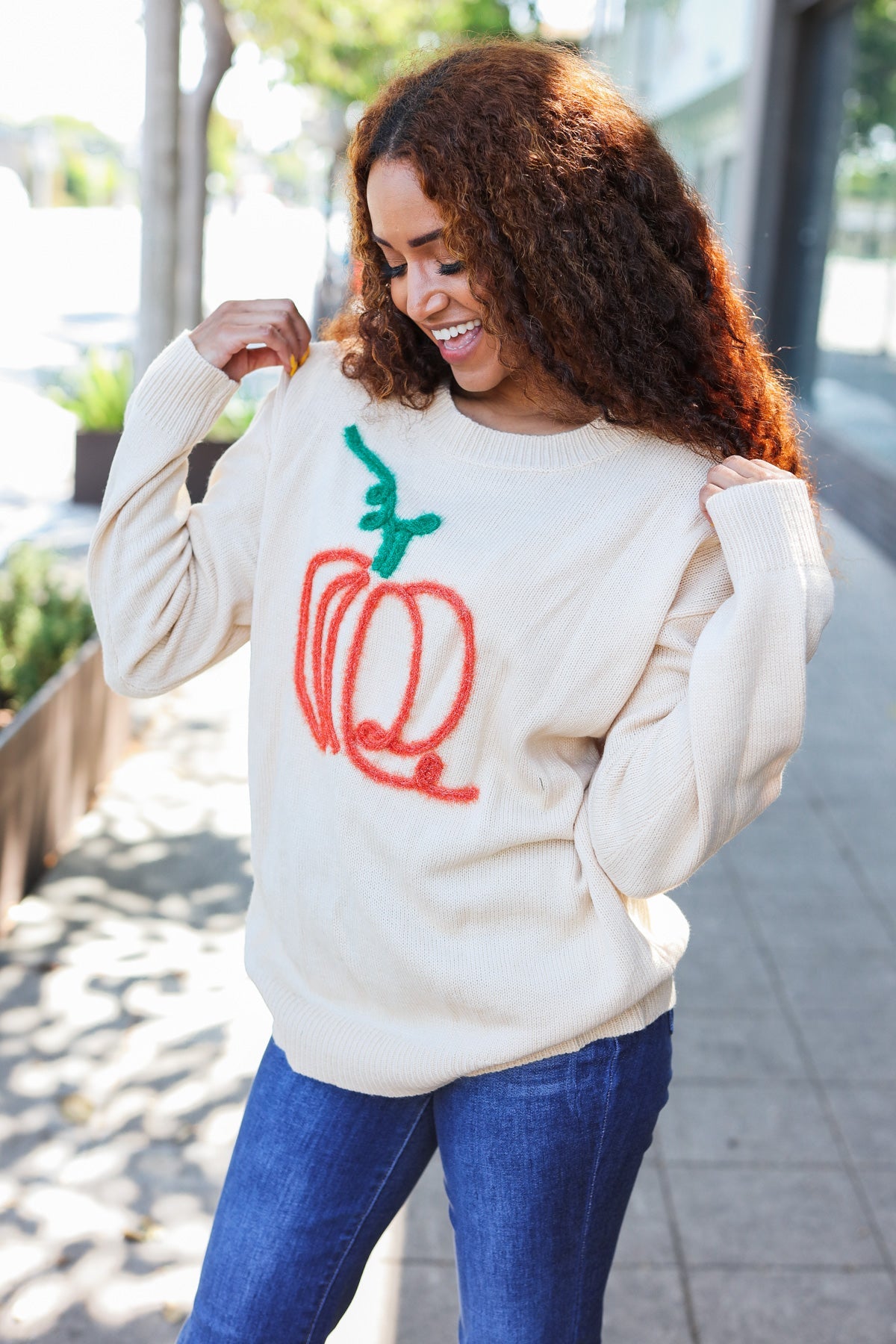 Pumpkin Embroidered Oversized Sweater - Taupe