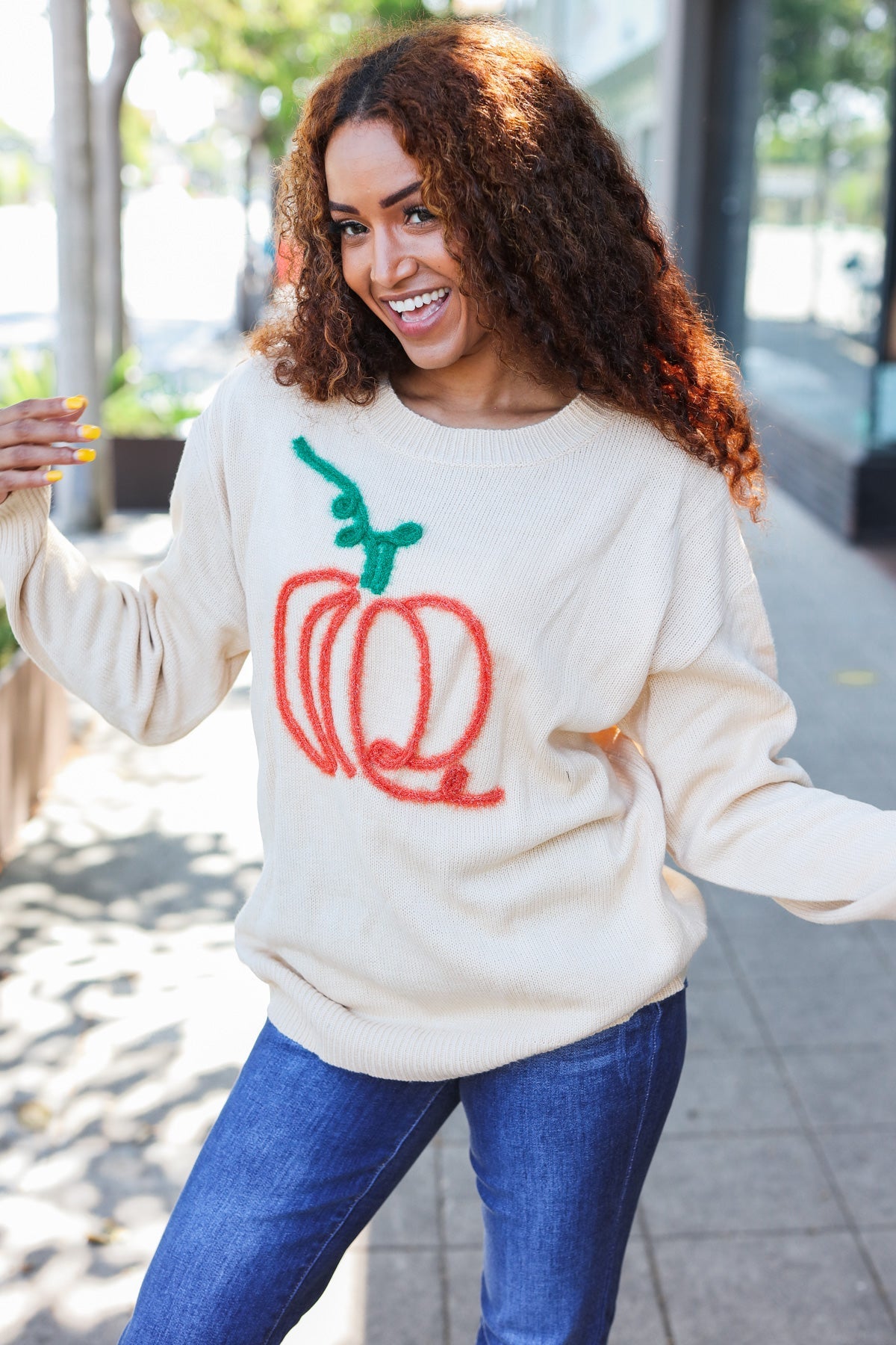 Pumpkin Embroidered Oversized Sweater - Taupe