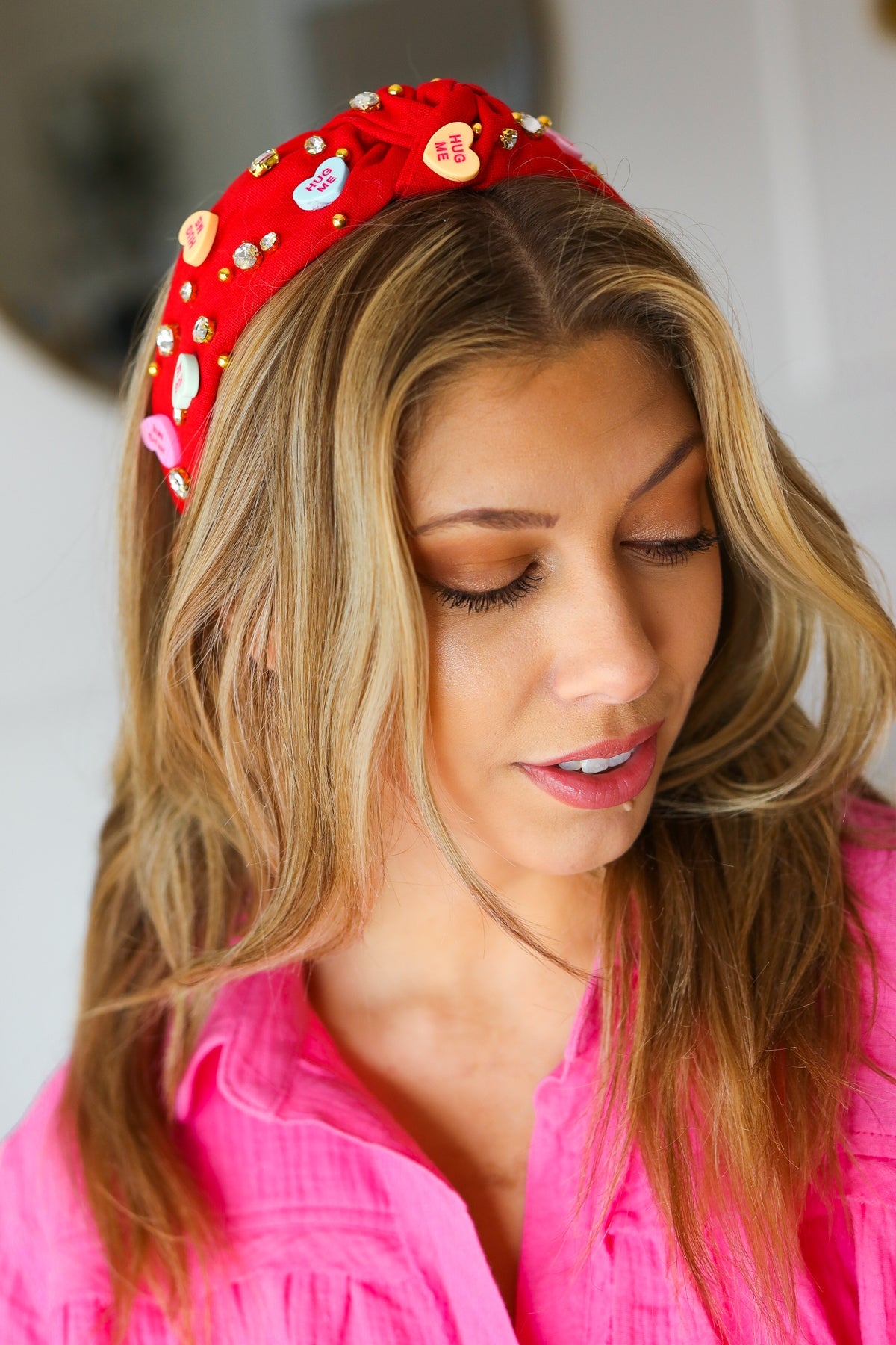 Candy Hearts Top Knot Headband in Red