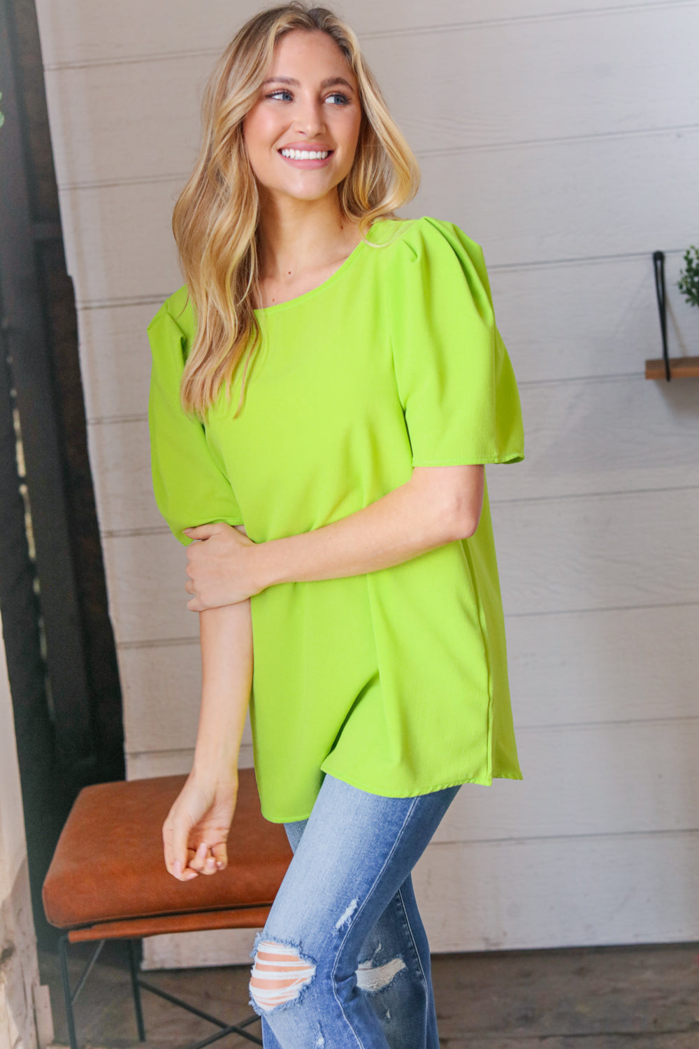 Neon Green Round Neck Puff Sleeve Crepe Top