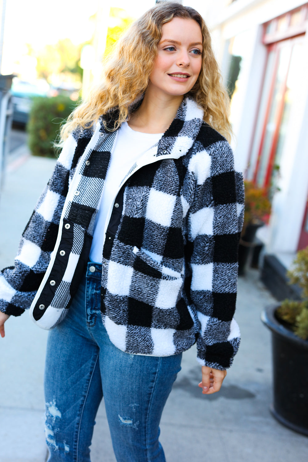 It's Your Best Plaid Sherpa Jacket in Black