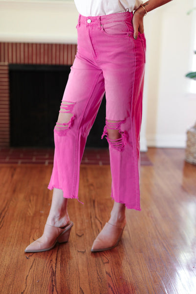 Cut Loose Distressed Cropped Pants in Hot Pink