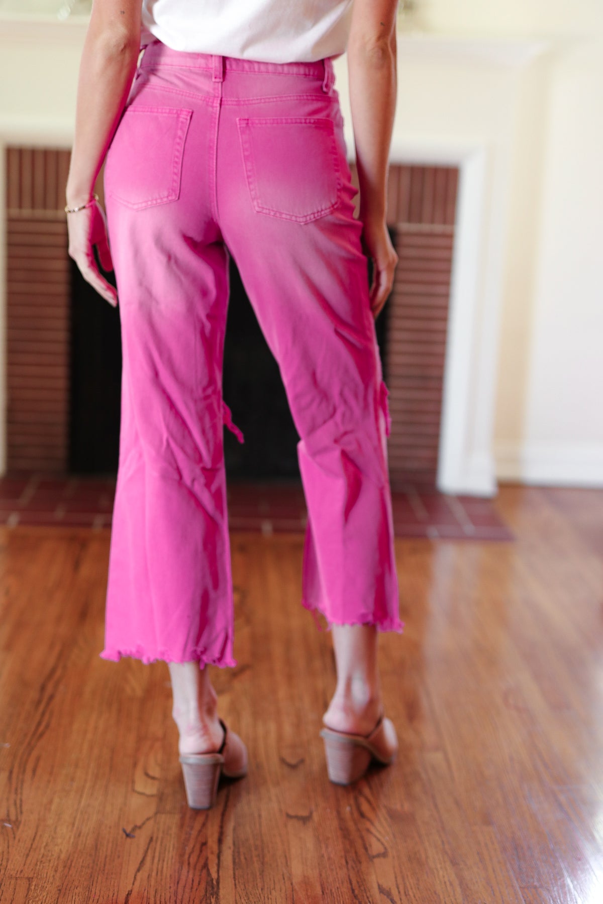 Cut Loose Distressed Cropped Pants in Hot Pink