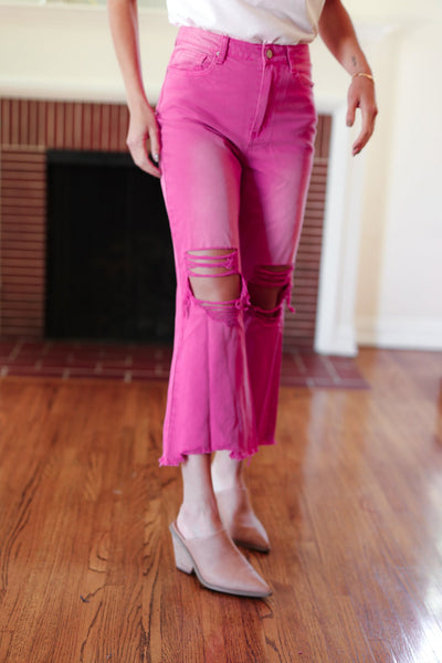 Cut Loose Distressed Cropped Pants in Hot Pink