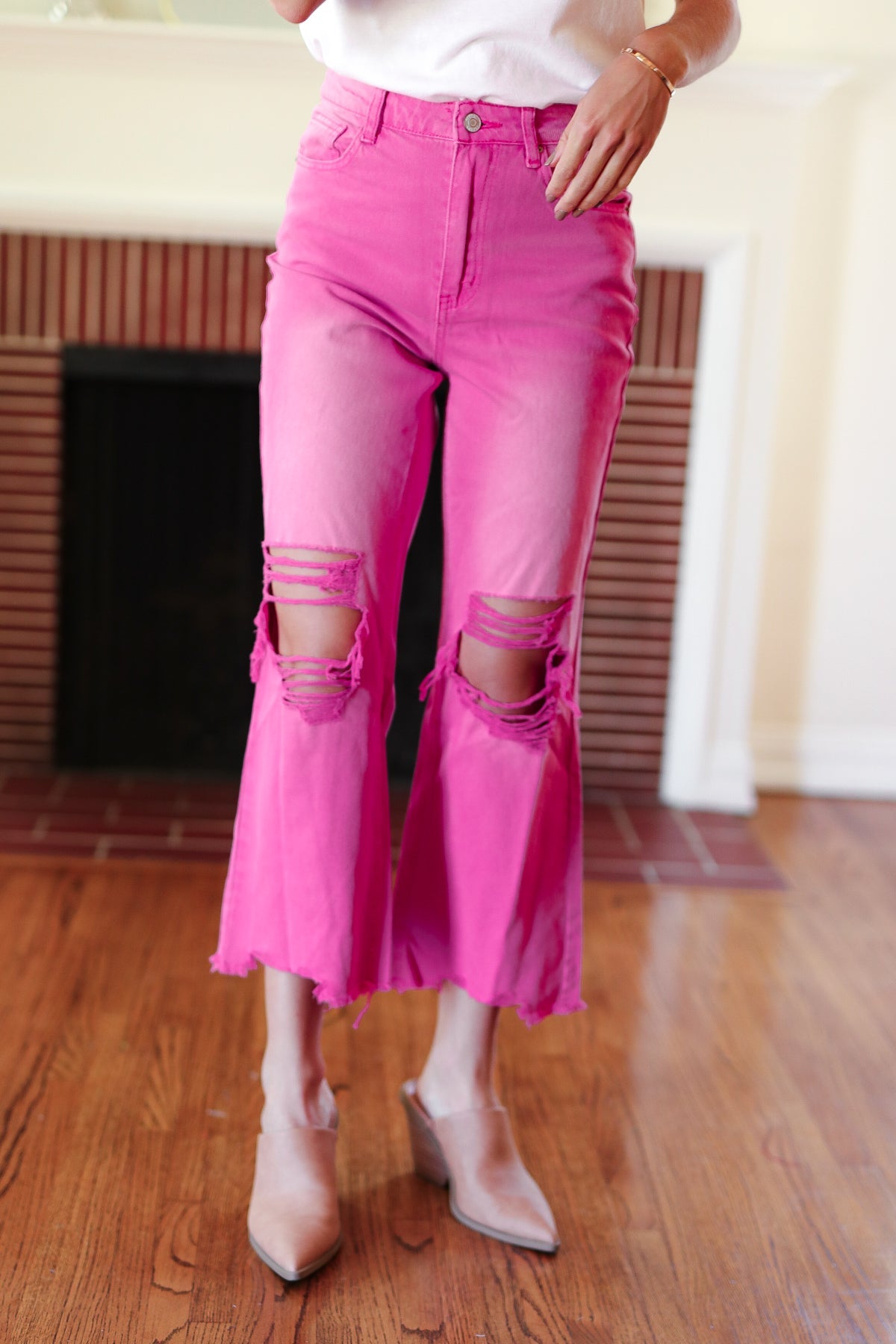 Cut Loose Distressed Cropped Pants in Hot Pink