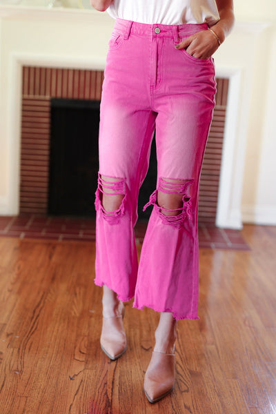 Cut Loose Distressed Cropped Pants in Hot Pink