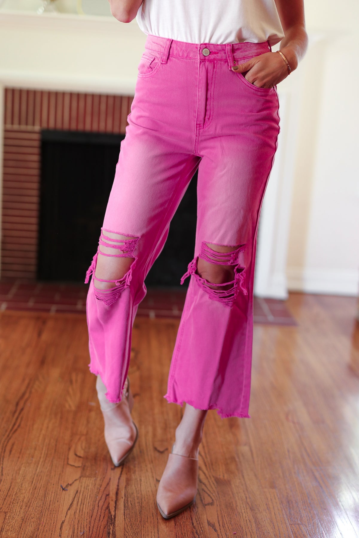 Cut Loose Distressed Cropped Pants in Hot Pink