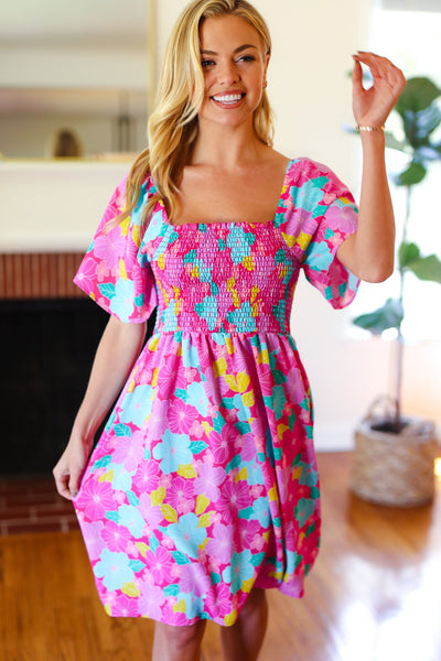 Vacay Vibes Fit & Flare Smocked Dress in Fuchsia