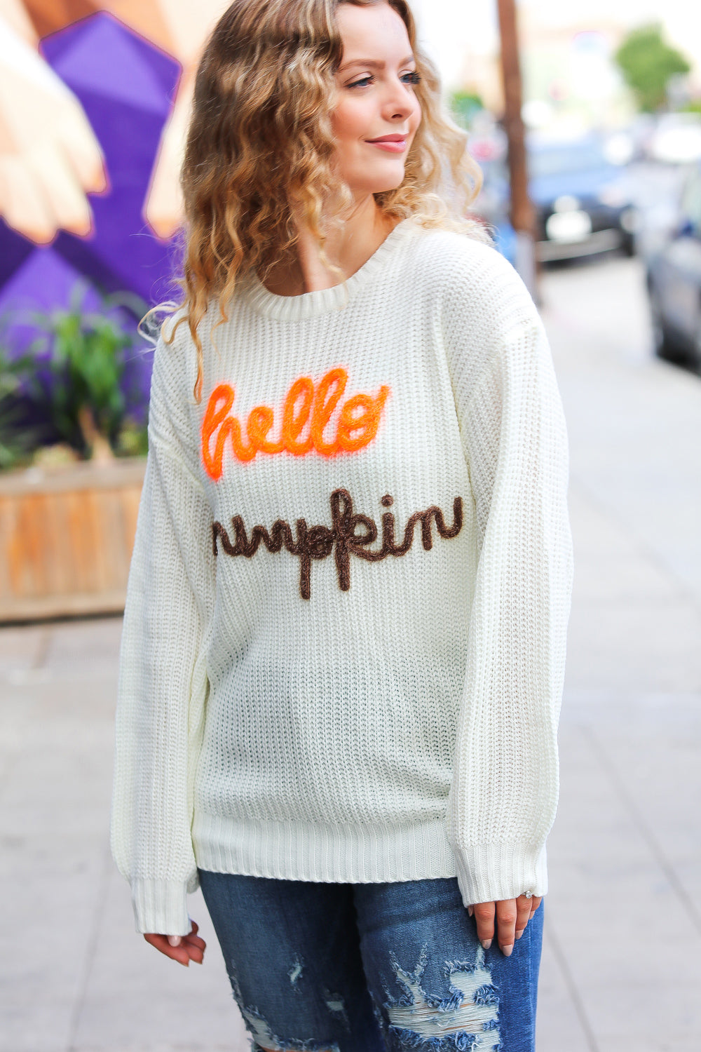 Neon "Hello Pumpkin" Chunky Sweater