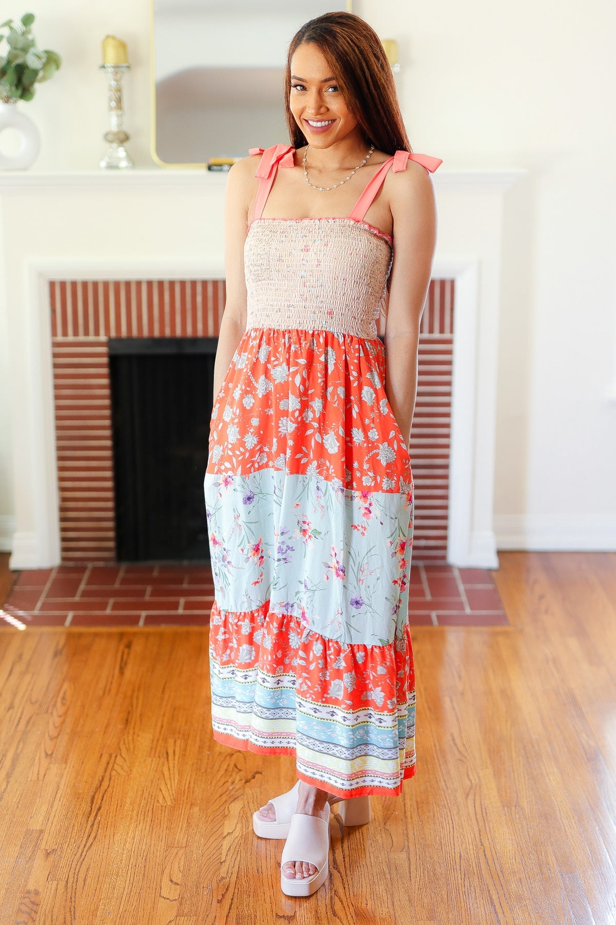 Vacay Vibes Taupe Floral Smocked Maxi Dress