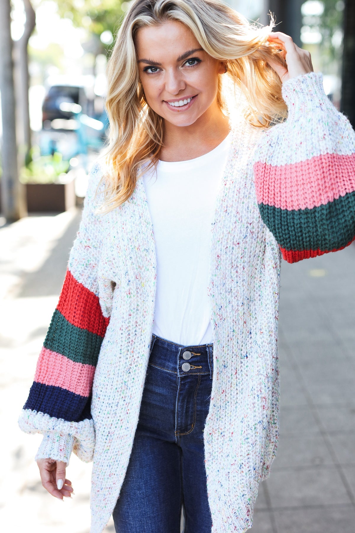 Ivory Multicolor Mixed Thread Bubble Sleeve Cardigan