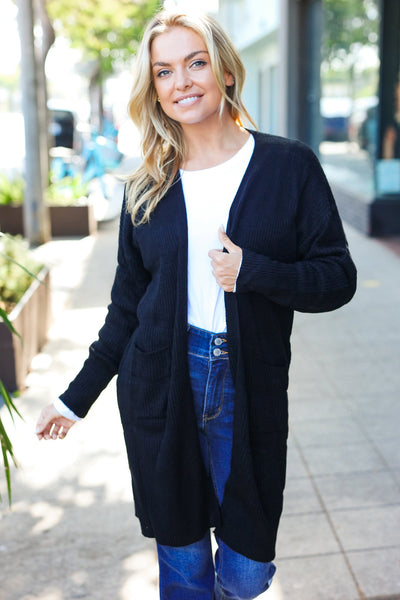 Black Striped Knit Open Cardigan