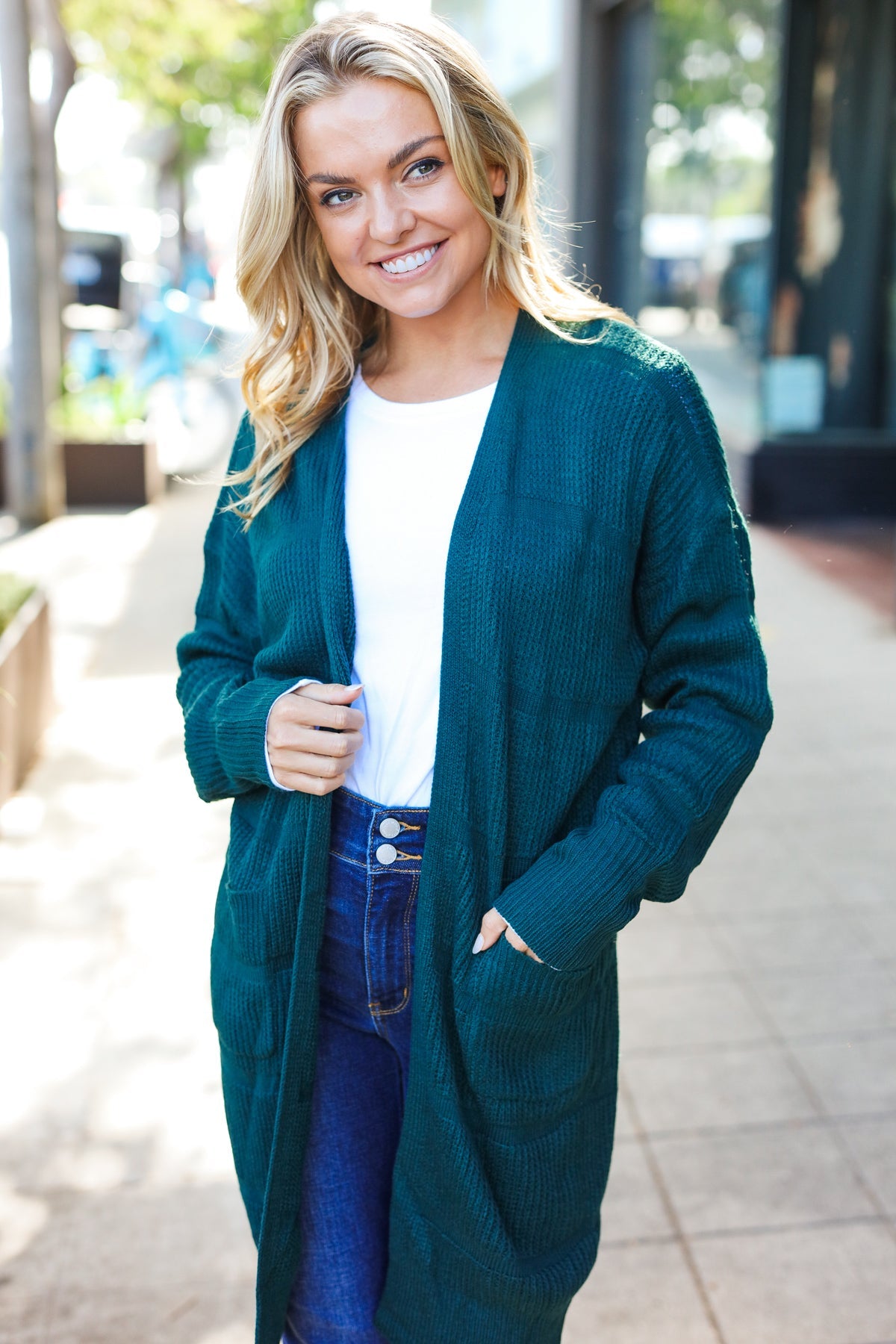 Hunter Green Striped Knit Open Cardigan