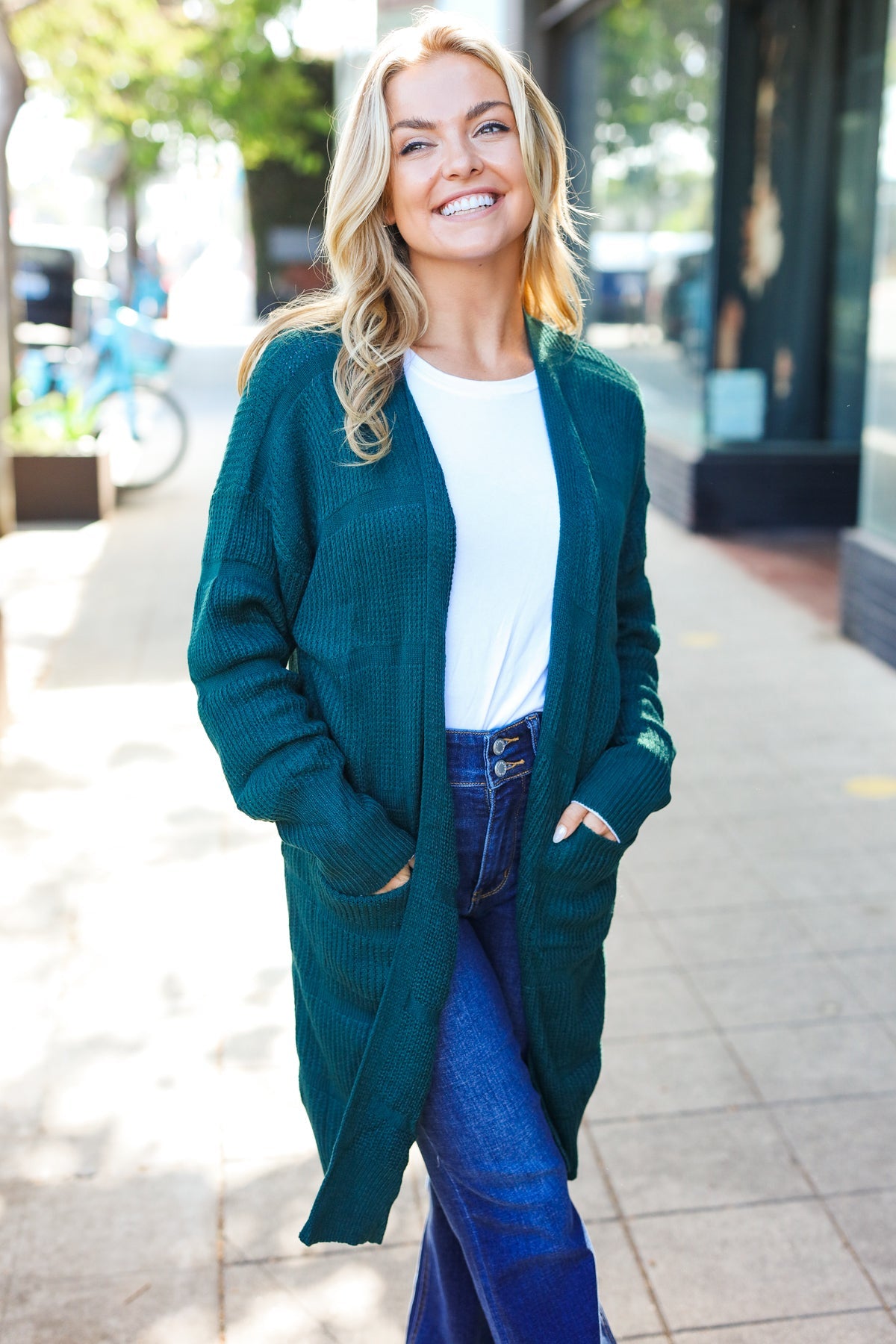 Hunter Green Striped Knit Open Cardigan