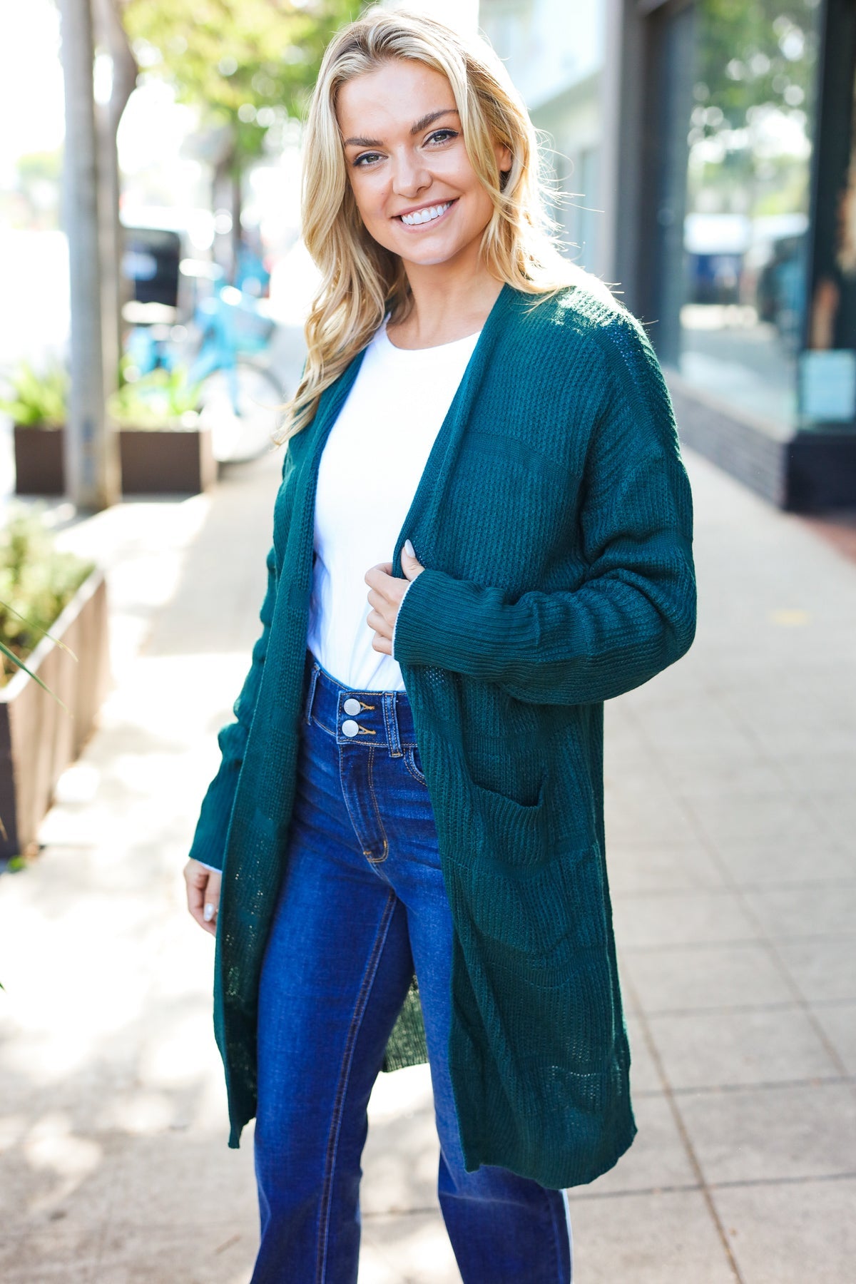 Hunter Green Striped Knit Open Cardigan