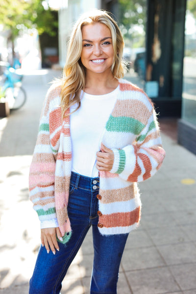 Fall Vibes Stripe Button Down Cardigan - Taupe & Sage