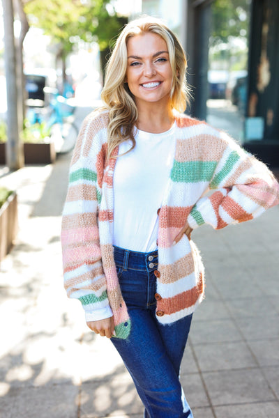 Fall Vibes Stripe Button Down Cardigan - Taupe & Sage