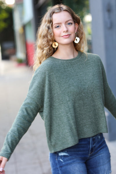 Stay Awhile Dolman Cropped Sweater in Olive