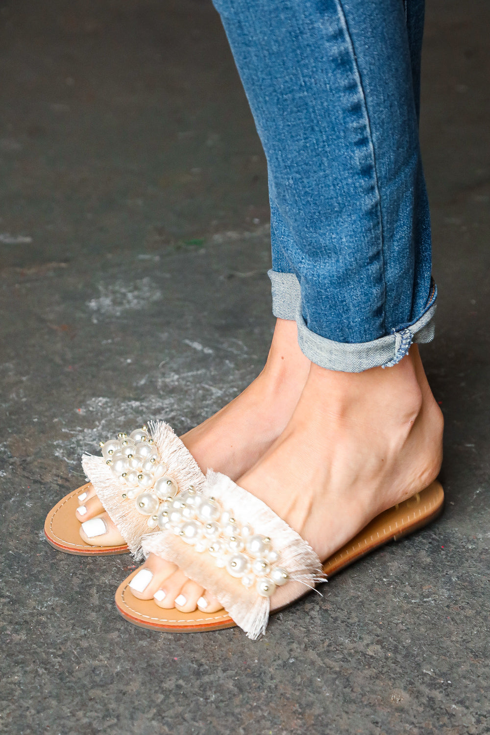 Linen Fray Beaded Faux Pearl Slide Sandal - Blush