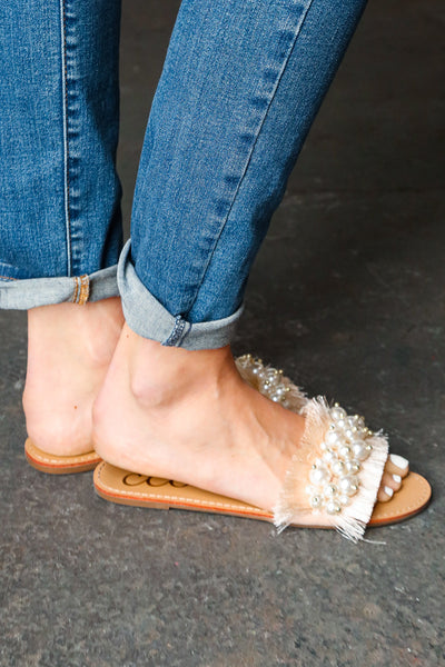 Linen Fray Beaded Faux Pearl Slide Sandal - Blush