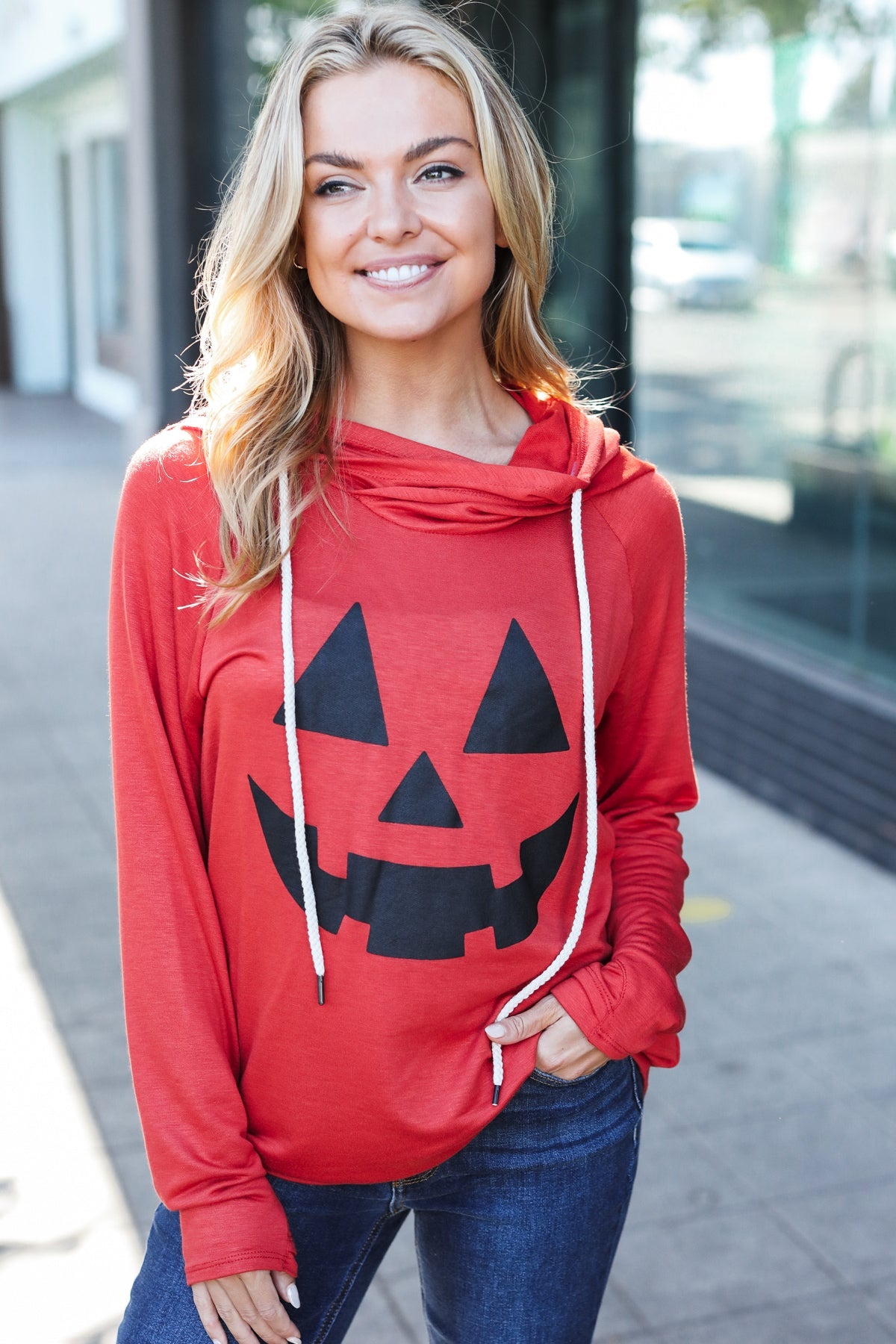 Orange Jack-O-Lantern French Terry Thumb Hole Double Hoodie