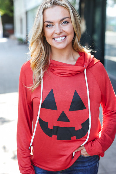 Orange Jack-O-Lantern French Terry Thumb Hole Double Hoodie