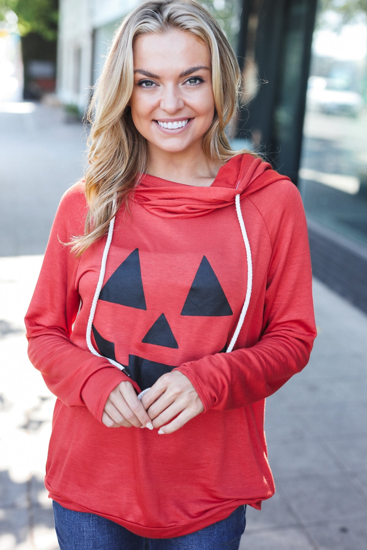 Orange Jack-O-Lantern French Terry Thumb Hole Double Hoodie