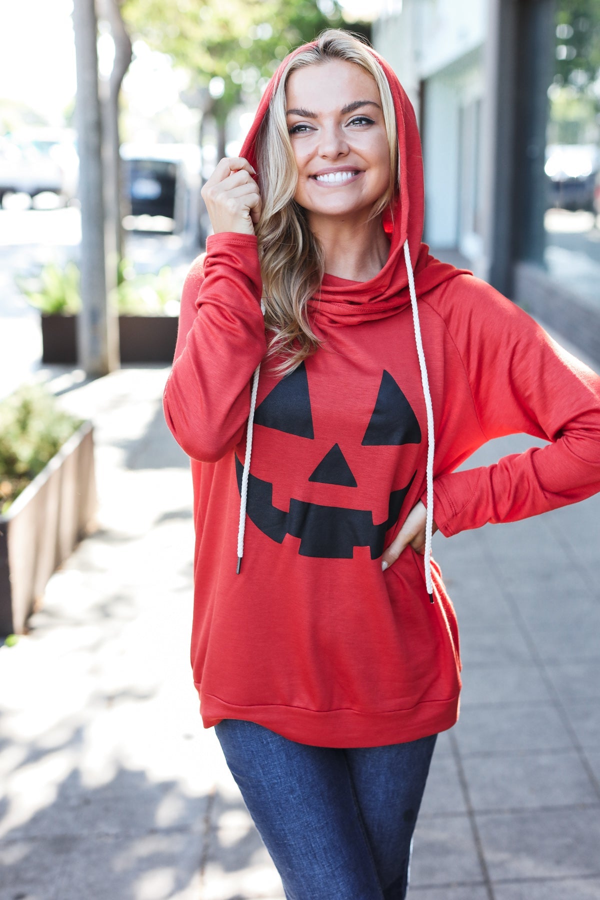 Orange Jack-O-Lantern French Terry Thumb Hole Double Hoodie