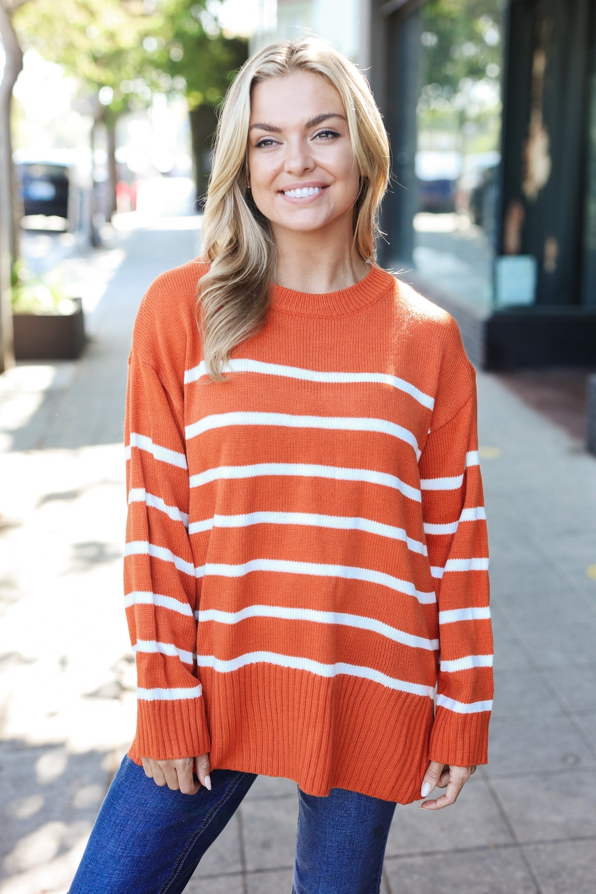 Stand Out Striped Oversized Knit Sweater - Rust