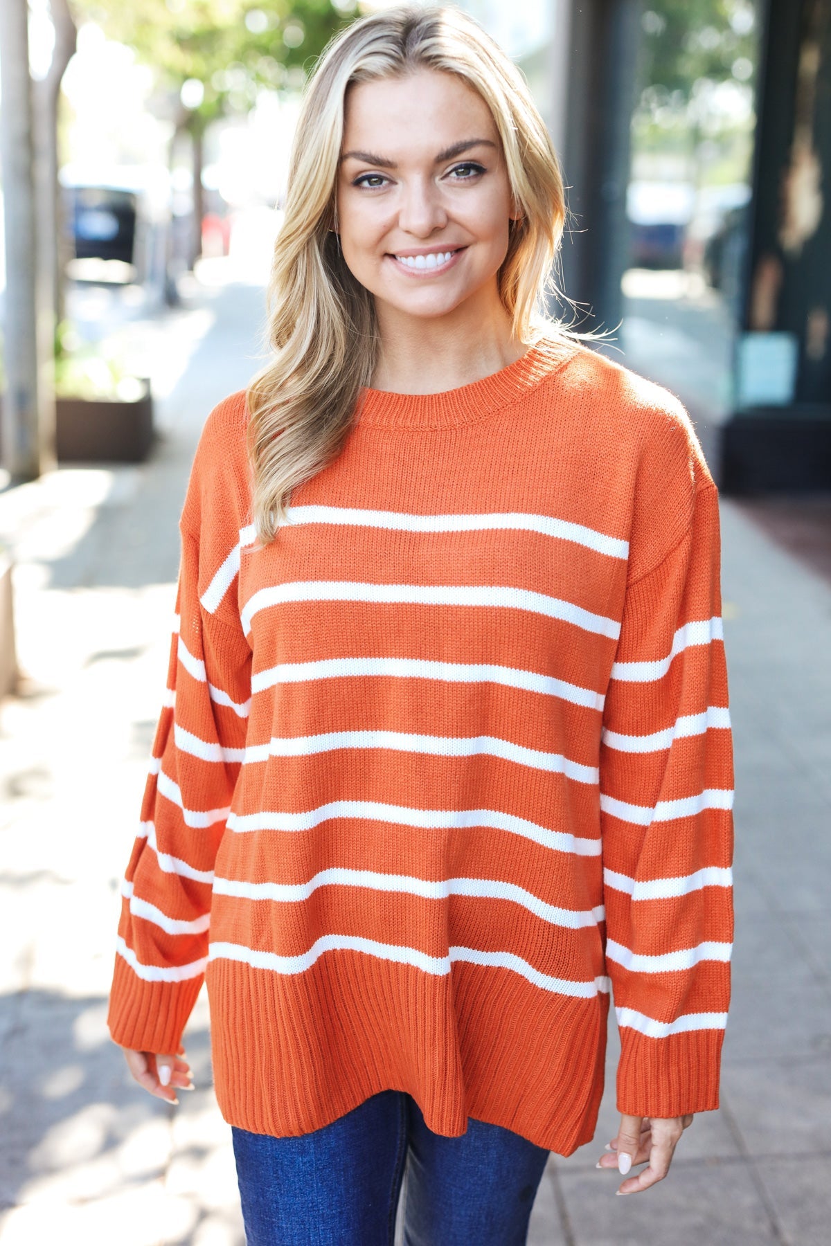 Stand Out Striped Oversized Knit Sweater - Rust