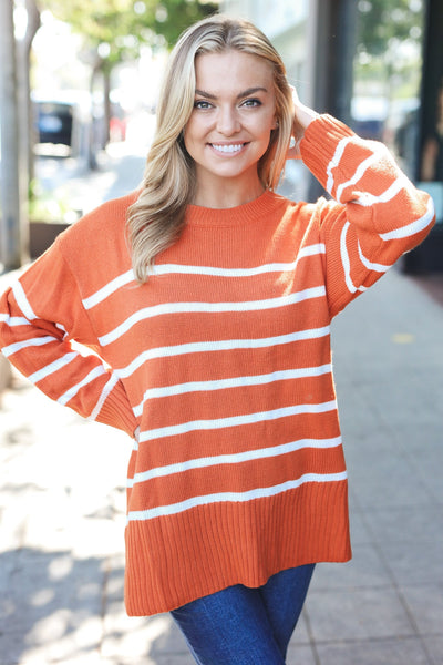 Stand Out Striped Oversized Knit Sweater - Rust