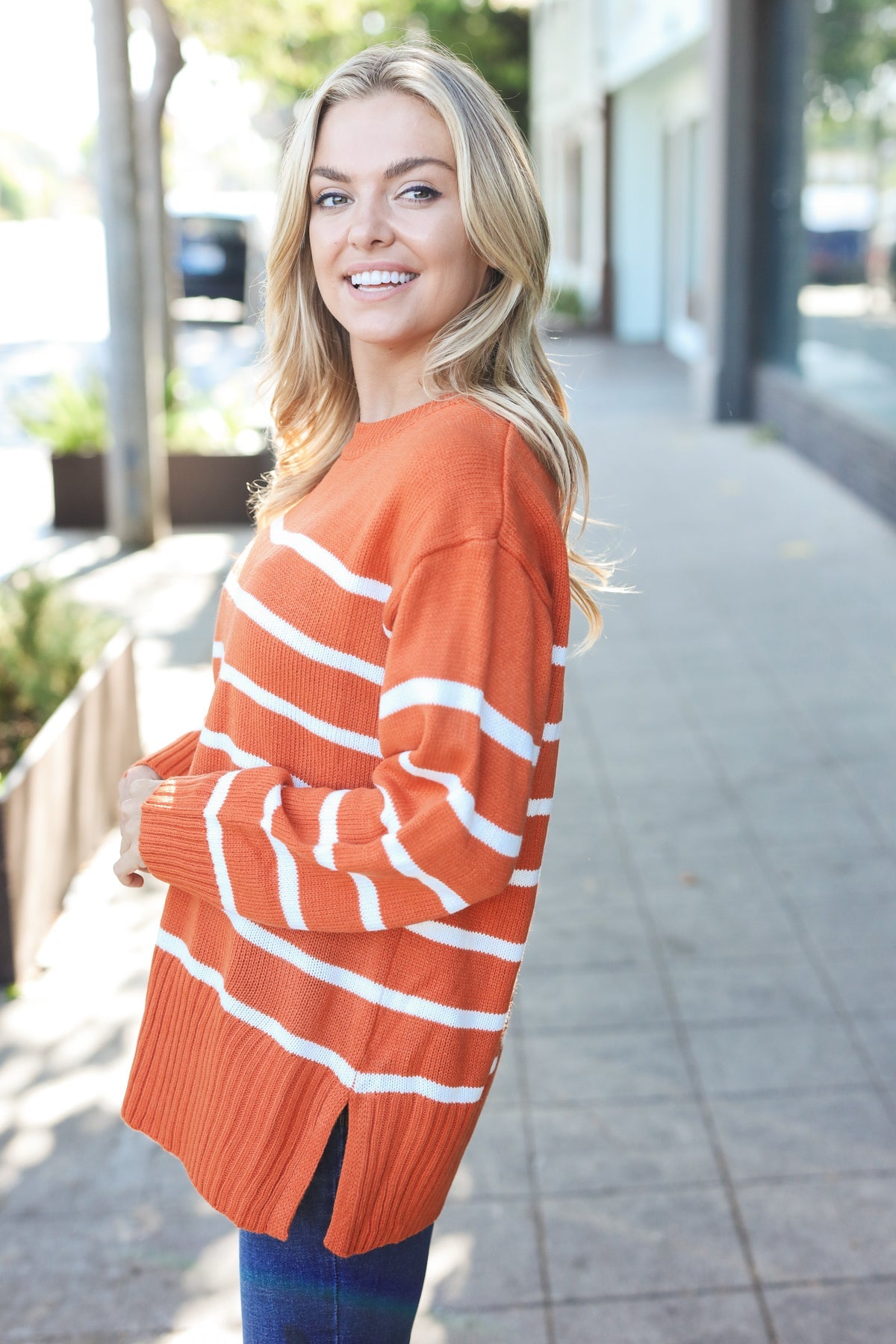 Stand Out Striped Oversized Knit Sweater - Rust