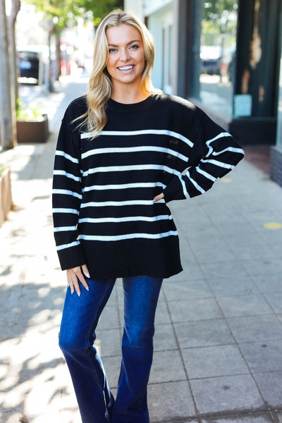 Stand Out Striped Oversized Knit Sweater - Black