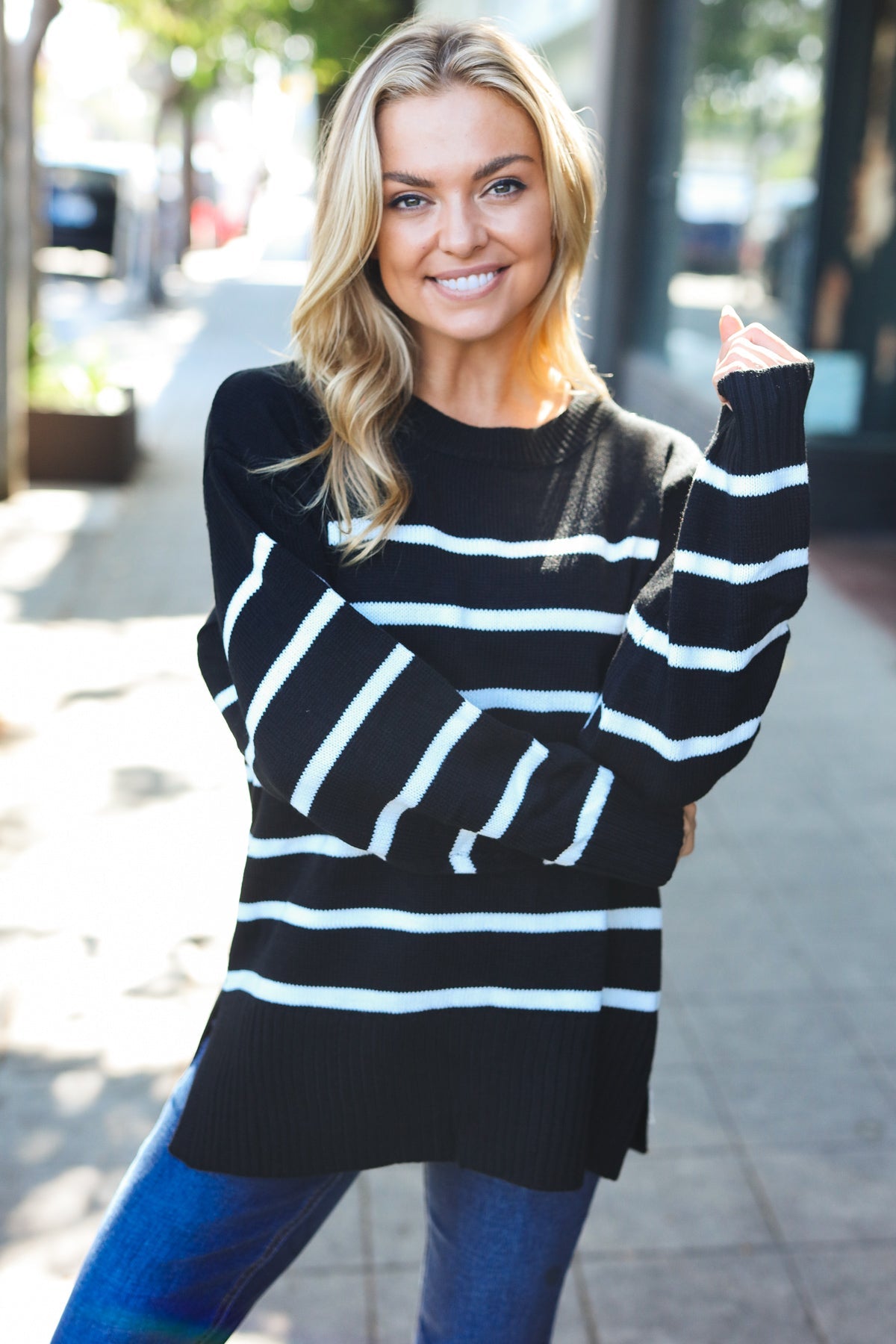 Stand Out Striped Oversized Knit Sweater - Black