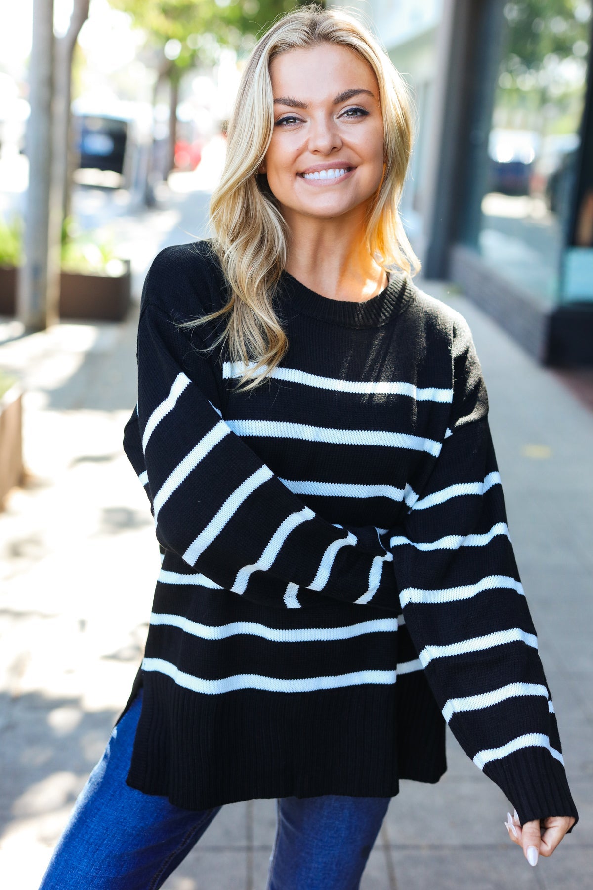 Stand Out Striped Oversized Knit Sweater - Black