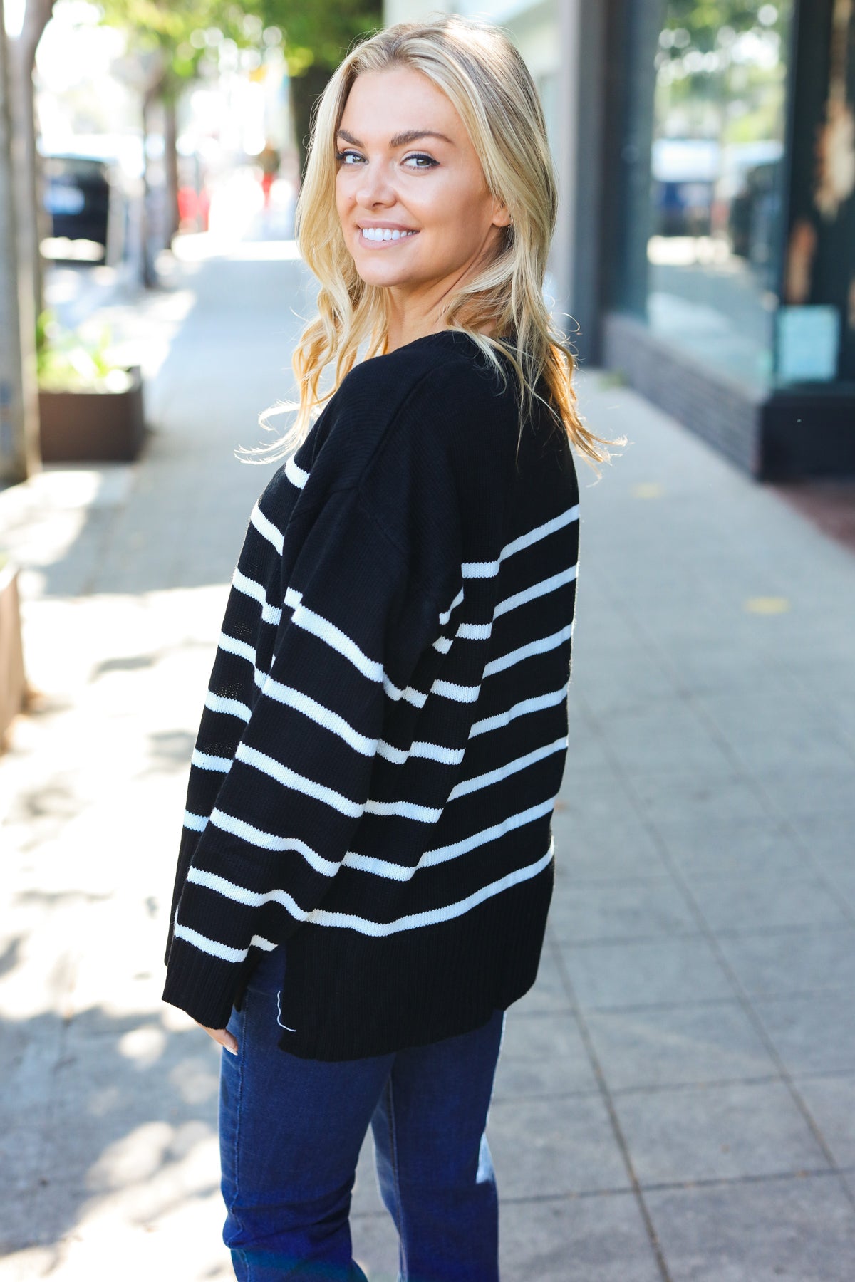 Stand Out Striped Oversized Knit Sweater - Black