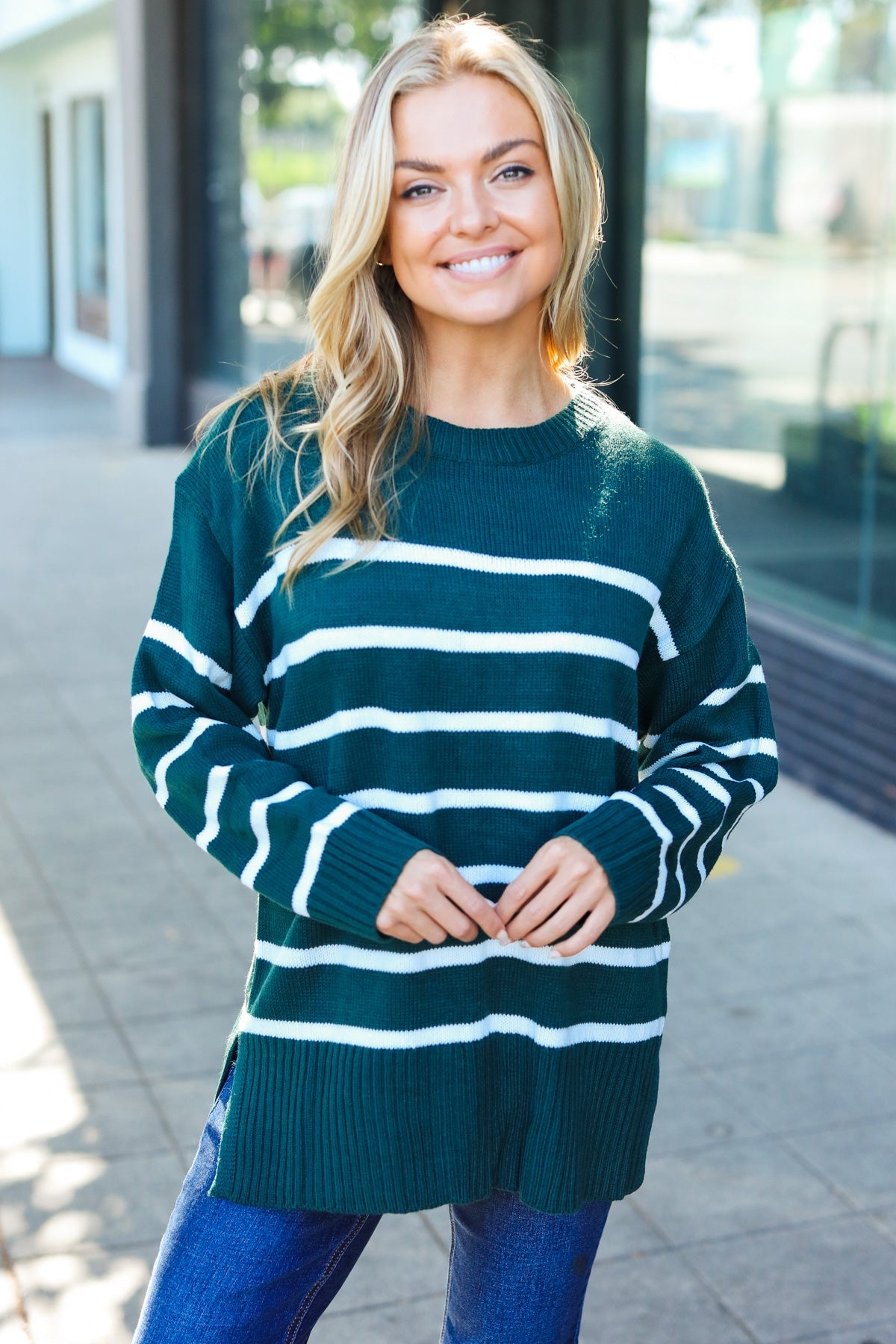 Stand Out Striped Oversized Knit Sweater - Hunter Green