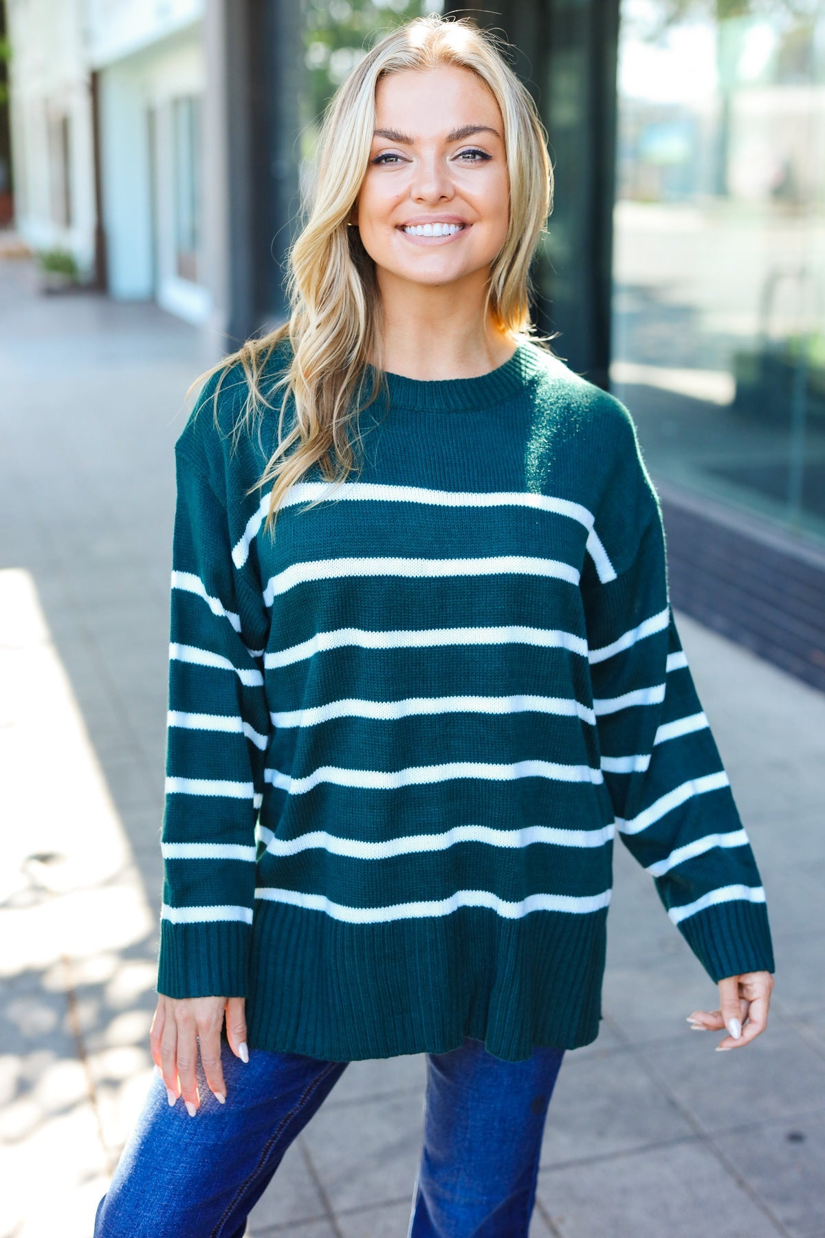 Stand Out Striped Oversized Knit Sweater - Hunter Green