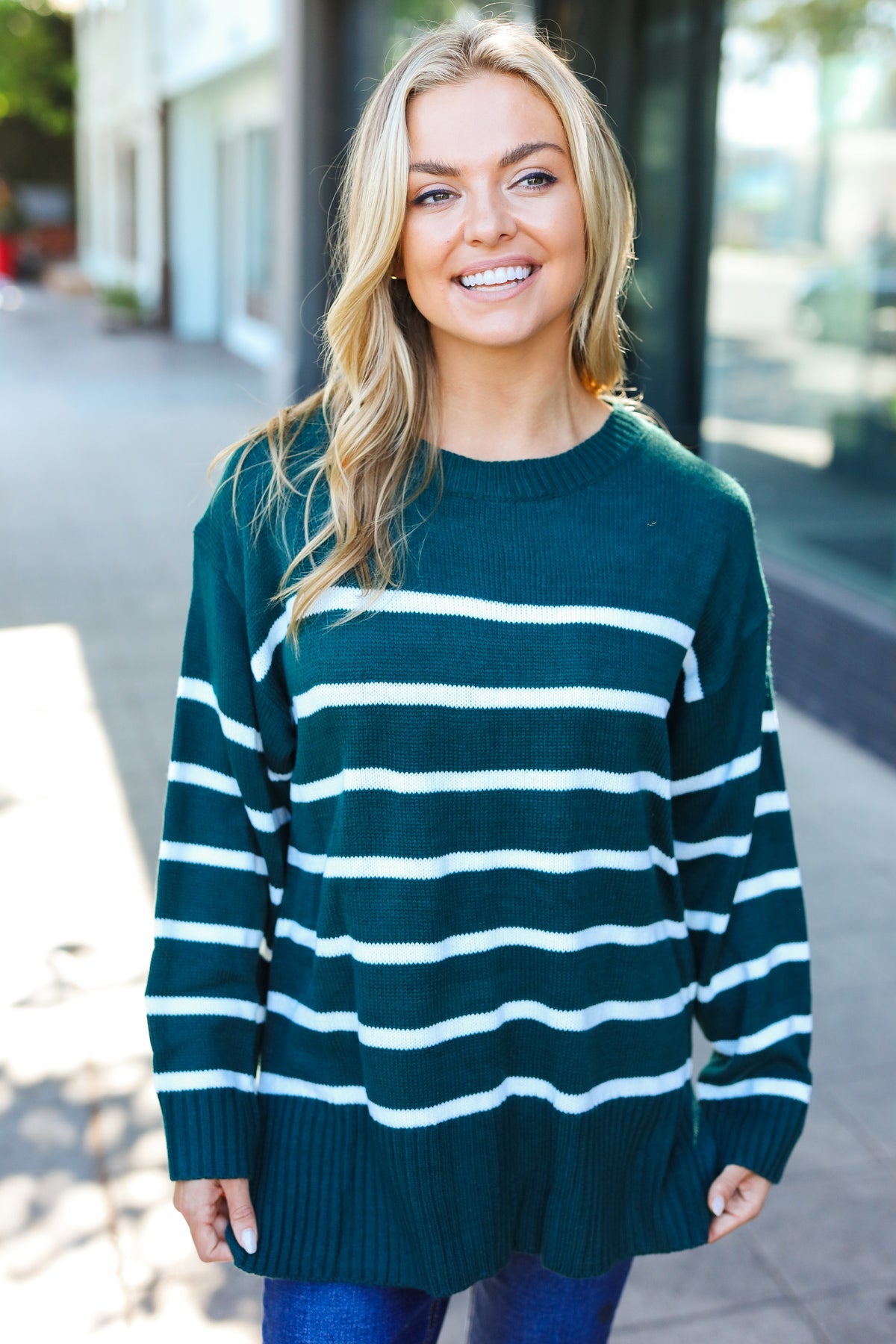 Stand Out Striped Oversized Knit Sweater - Hunter Green