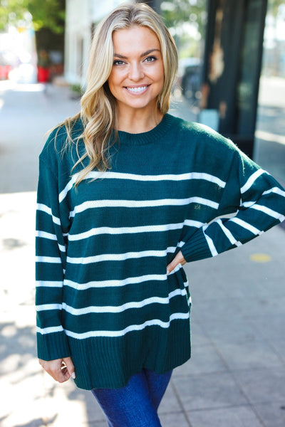 Stand Out Striped Oversized Knit Sweater - Hunter Green