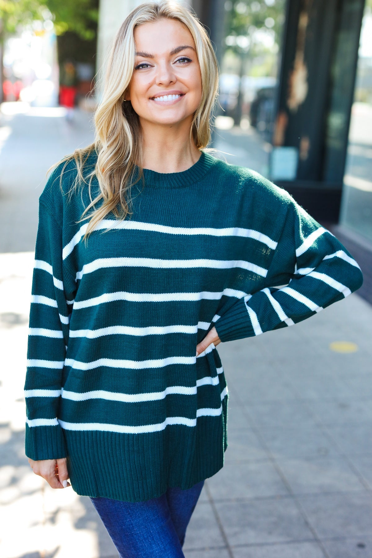 Stand Out Striped Oversized Knit Sweater - Hunter Green