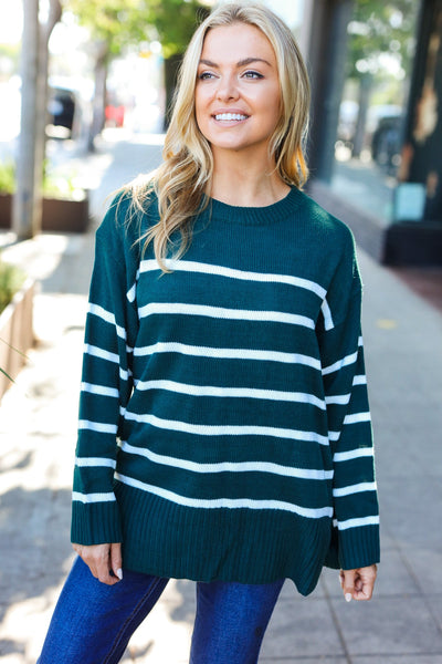 Stand Out Striped Oversized Knit Sweater - Hunter Green